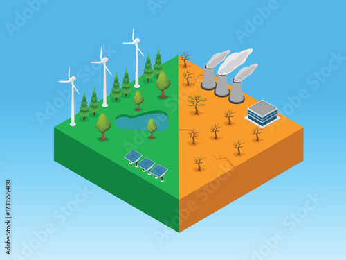 Climate Change and the Choice Between Renewable and Fossil Fuel Energy 3d isometric vector illustration