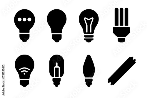 Iconic Light Bulbs. Light Bulbs. Filled icon set of Light Bulbs: vanity bulb, LED bulb, filament bulb,