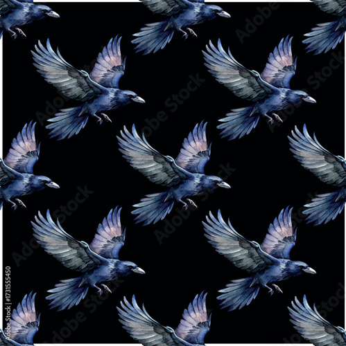 Black Flying Raven Dark Watercolor Vector Seamless Pttern