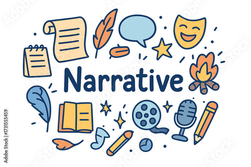 Storytelling Elements Doodle. Narrative. Hand-drawn doodle illustration of Narrative. scroll, quill, notebook,