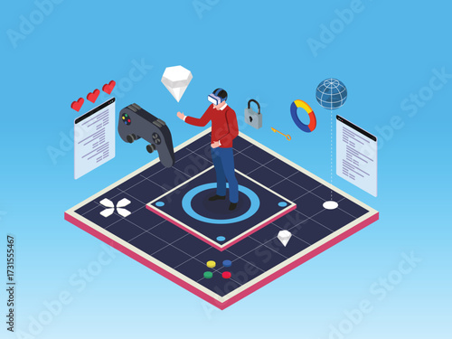 Virtual Reality Gaming and Immersive Metaverse Experience 3d isometric vector illustration