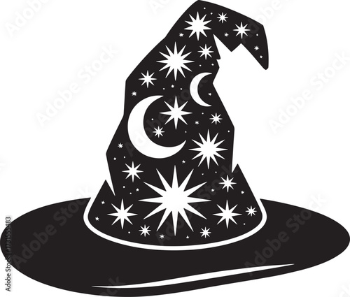 Mystical black witch hat adorned with celestial stars and moon