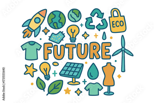 Eco-Friendly Future Doodles. Future. Hand-drawn doodle illustration of Future. rocket, globe, recycling sign,