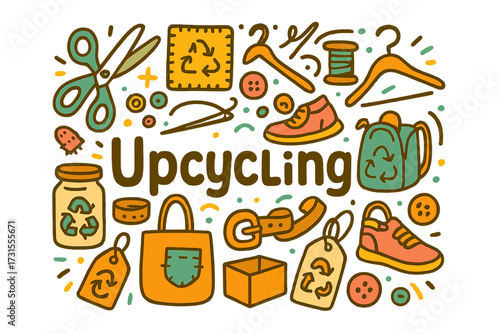 Colorful Upcycling Doodle. Upcycling. Hand-drawn doodle illustration of Upcycling. scissors, patch, buttons,