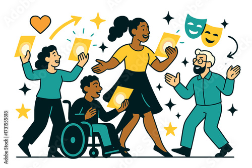 Inclusive Theater Vibes. Inclusive theater. A diverse group of characters on stage holding glowing scripts.