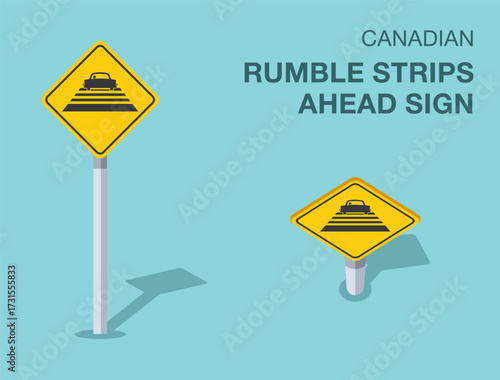 Traffic regulation rules. Isolated canadian "rumble strips ahead" road sign. Front and top view. Flat vector illustration template.