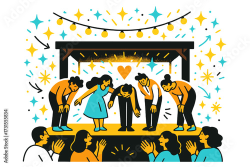 Community Theater Celebration. Celebrating community theater. A glowing outdoor stage lit with string lights,