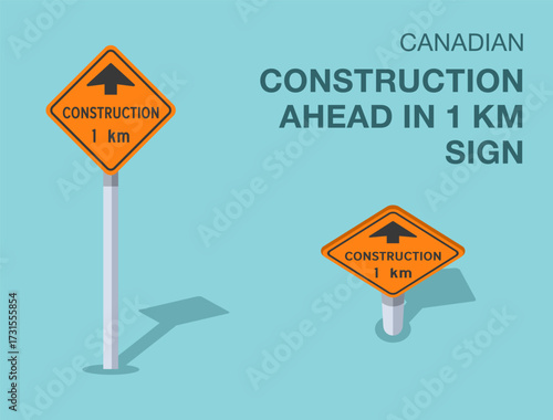 Traffic regulation rules. Isolated canadian "construction ahead in 1 km" road sign. Front and top view. Flat vector illustration template.