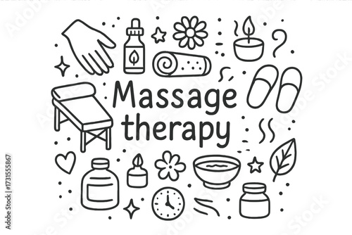 Massage Therapy Doodle. Massage therapy. Hand-drawn doodle illustration of Massage therapy. Massage table,