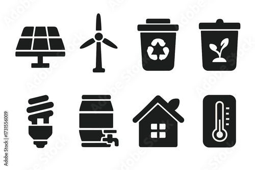 Eco Home Icons. Eco Home. Filled icon set of Eco Home: solar panel, wind turbine, recycling bin, compost bin,