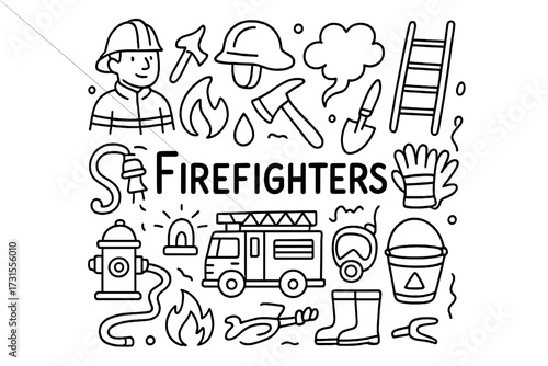 Firefighter Doodle Art. Firefighters. Hand-drawn doodle illustration of Firefighters. Firetruck, helmet, axe,