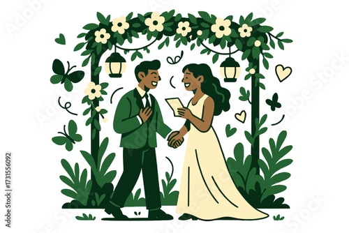 Enchanting Garden Wedding. Garden wedding. A glowing couple exchanging vows under a canopy of flowers and