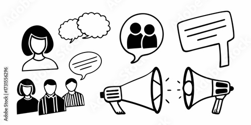 Doodle illustration of people, speech bubbles and megaphones representing communication and announcements