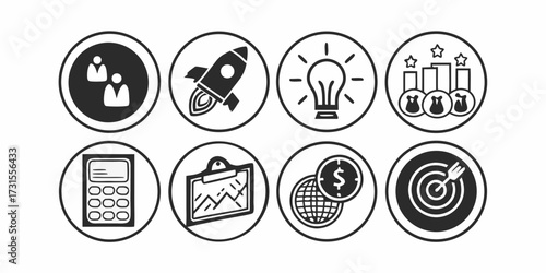 Icons representing business concepts such as teamwork, startup, idea, and financial growth in circles