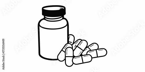 Illustration of a medicine bottle with a black lid and several capsules next to it in black and white