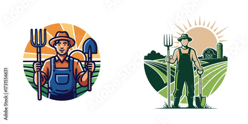 Farmer Illustrations with Pitchfork and Shovel on Rural Farm Landscape