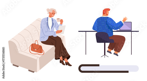 Woman sits on sofa with coffee and document, man works on laptop at desk. Progress bar connects themes of relaxation, work, multitasking, technology, productivity, time lifestyle. Simple flat