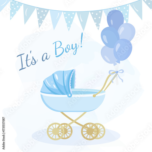 Flat design baby stroller with balloons and flags in blue tones on white background. Cute invitation template for baby shower, newborn celebration, gender reveal, or kids party decoration.