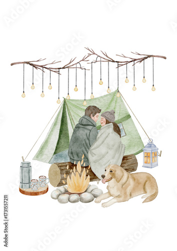 Ready-made digital watercolor scene of a couple and a dog cozying up outside a tent with string lights. Great for romantic designs, travel journals, and outdoor adventure graphics. 