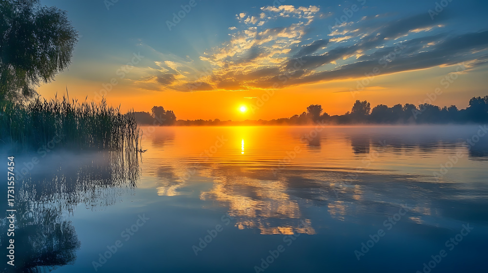 Obraz premium Serene Sunrise Reflecting on a Tranquil Lake in the Mountains Symbolizing New Beginnings