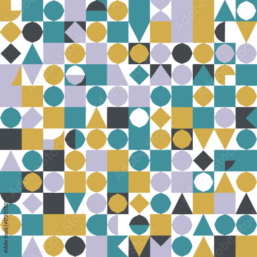 Colorful Geometric Shape Pattern with Circles, Squares, and Triangles,Seamless Abstract Mosaic Design in Retro Color Palette,Playful Multicolor Geometric Print with Repeating Shapes