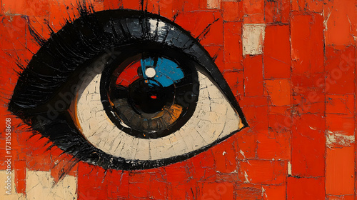 Colorful Graffiti Eye on Brick Wall,A Dalaketnon rises from a surreal sea, blending modern and mystical in Prussian blue, orange, and mustard hues under a bleached sky