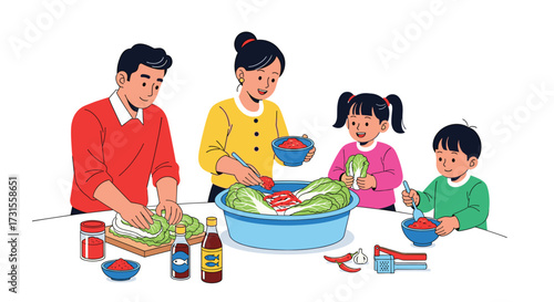 Family Making Kimchi A Colorful Illustration of Korean Culinary Traditions, Togetherness, and Healthy Eating with Fresh Ingredients for a Delicious Homemade Meal