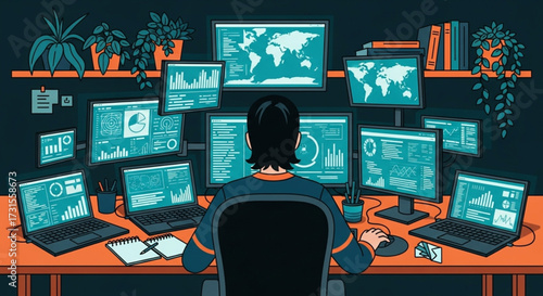 illustration of a man working on computer. Programmer working on multiple screens. IT professional silhouette. Dedicated IT professional working late at night in a home office setup .