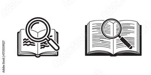 Book and Magnifying Glass Icon Set for Research and Study