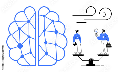 Neural brain network design, team balancing ideas on a scale, swirling wind flow above. Ideal for technology, AI, teamwork, innovation, balance decision-making creativity. Clear simple flat