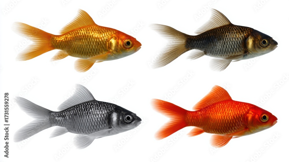 Fototapeta premium Vibrant Goldfish Swimming Gracefully in Clear Water Creating an Eye Catching Display of Color and Life on a Crisp White Background for Aquatic Imagery