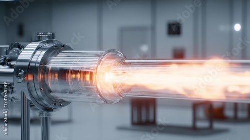 A close-up view showcases a scientific apparatus with a glowing, fiery effect emanating from its core, creating a dynamic visual.
