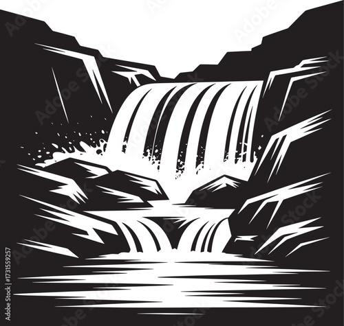 waterfall with rocky outcroppings illustration Dramatic black and white
