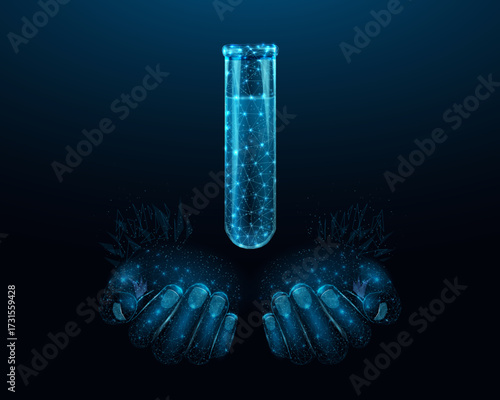 Human hands are holds Test tube, glowing blue lowpoly wireframe glass flask on a dark background. Vector illustration design concept for medical industry and chemical laboratory.