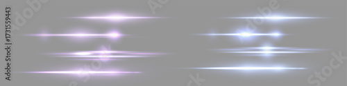 Pink and blue lens flares set. Isolated on grey background. Sun flash with rays or spotlight and bokeh. Glow flare light effect. Vector illustration.