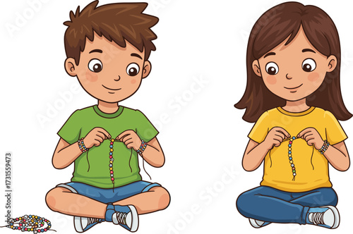 Happy kids making bracelets, young boy and girl doing arts and crafts, creative childhood moments, fun hobby and activity.