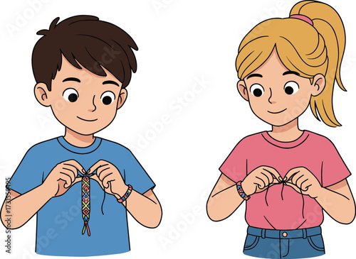Happy kids making bracelets, young boy and girl doing arts and crafts, creative childhood moments, fun hobby and activity.