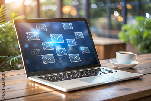 Laptop with Email Icons on Screen. Digital Communication Concept