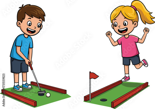 Happy kids playing mini golf, young boy and girl enjoying a fun outdoor game, playful competition, leisure and sport.