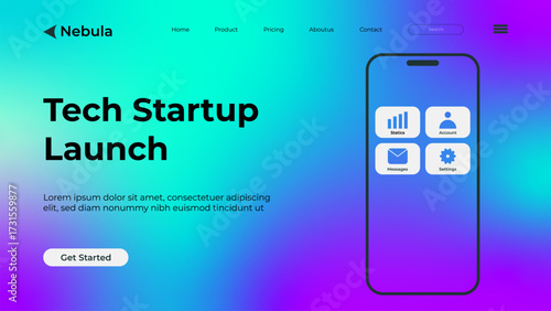 Wallpaper Mural Creative tech startup landing page design with vibrant gradient background, smartphone UI mockup, app icons, and bold typography. Ideal for business, web design, app launch, and digital marketing use. Torontodigital.ca