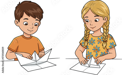 Happy kids folding paper boats, young boy and girl doing origami, creative childhood moments, fun and focused activity.