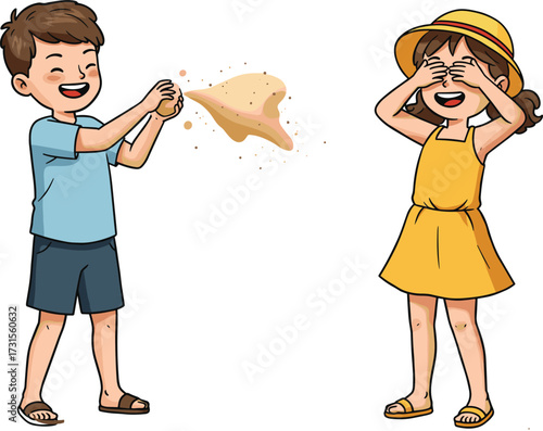 Happy kids playing with sand on the beach, summer vacation fun, playful boy and girl throwing sand.