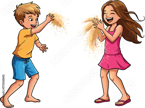 Happy kids playing with sand on the beach, summer vacation fun, playful boy and girl throwing sand.
