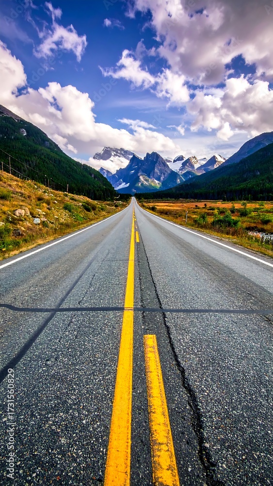 Naklejka premium Scenic highway stretching towards majestic mountains under a vibrant sky