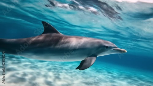 Graceful dolphin swimming in clear blue ocean waters, surrounded by coral reefs and sunlight