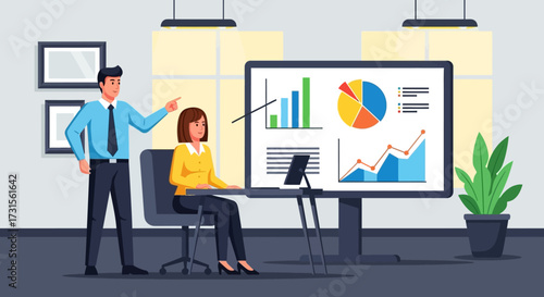 Business analysis presentation with team and chart infographics and modern office workplace with