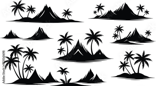 Tropical island silhouette collection, palm tree vector illustration, mountain island artwork, exotic landscape design, paradise vacation scenery, beach nature drawing set