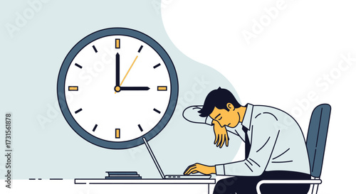 Exhausted businessman asleep at his desk against the backdrop of a clock showing a tight deadline