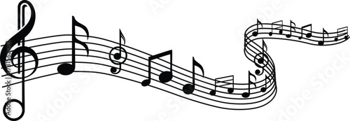 Flowing musical staff with treble clef and a melody of black notes on a white background