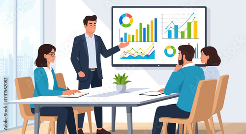 Business presentation vector illustration with diverse team analyzing data graphs in office